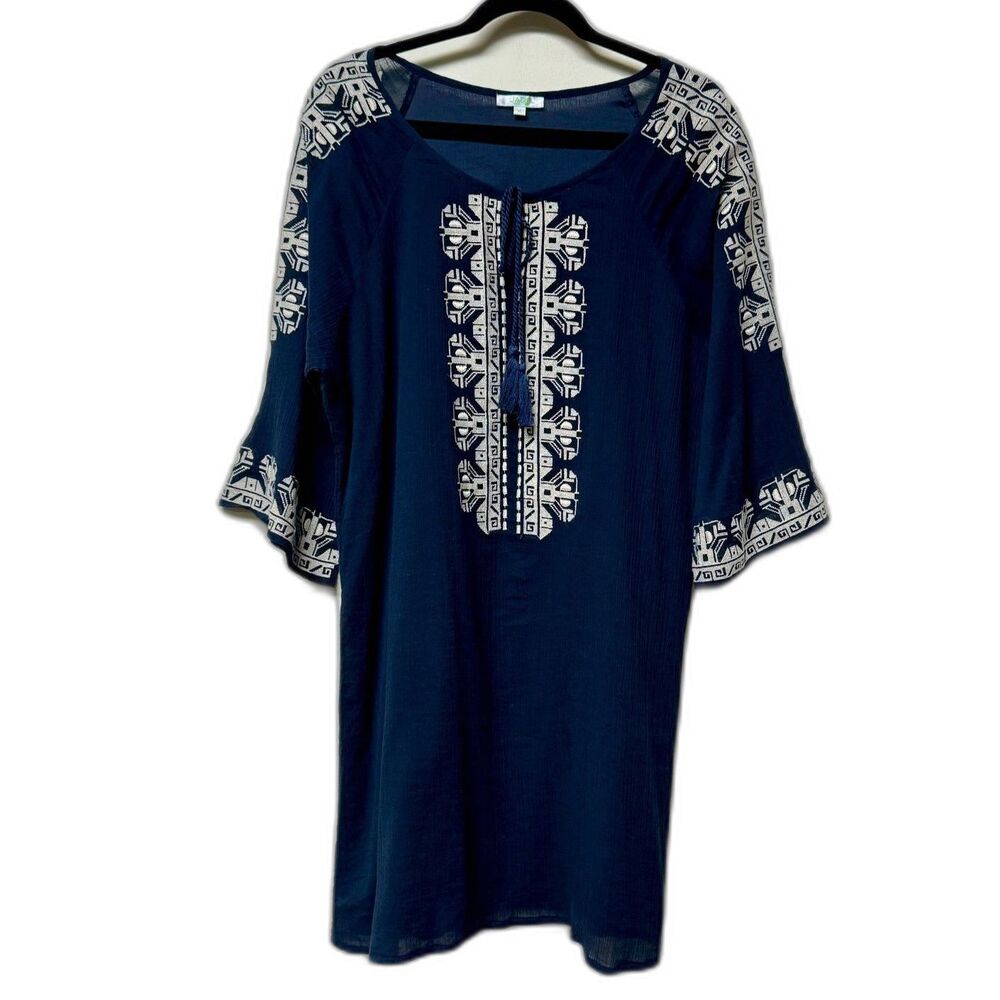 JADE by MELODY TAM Boho Navy Embroidered Tassel Tie Lined Dress, Sz XL